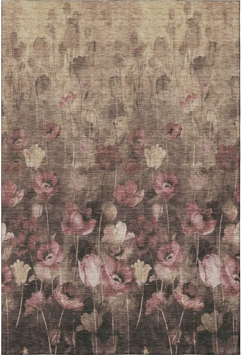 Taupe Pink And Beige Floral Washable Area Rug With UV Protection Photo 3
