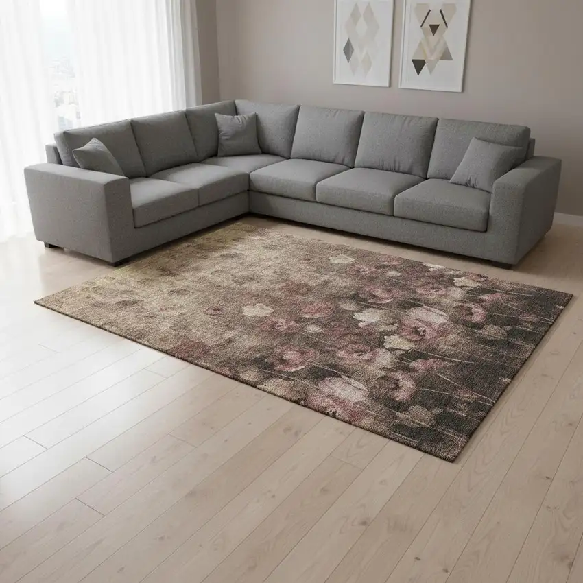 Taupe Pink And Beige Floral Washable Area Rug With UV Protection Photo 2