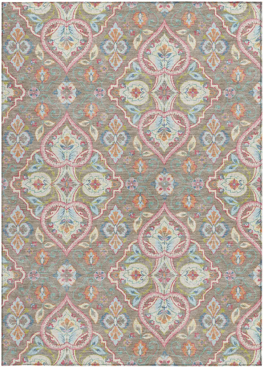 Taupe Pink And Orange Ogee Washable Indoor Outdoor Area Rug Photo 3