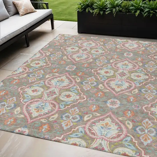 Taupe Pink And Orange Ogee Washable Indoor Outdoor Area Rug Photo 2