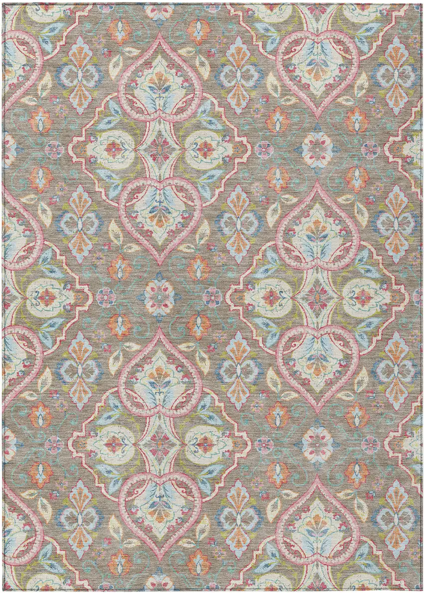 Taupe Pink And Orange Ogee Washable Indoor Outdoor Area Rug Photo 1