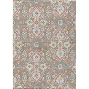 Photo of Taupe Pink And Orange Ogee Washable Indoor Outdoor Area Rug
