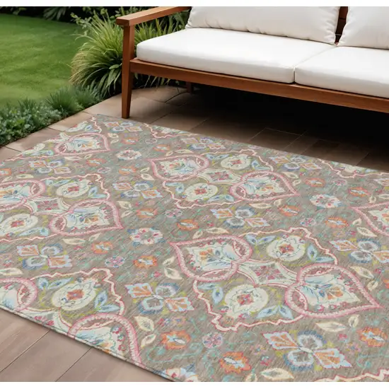 Taupe Pink And Orange Ogee Washable Indoor Outdoor Area Rug Photo 2