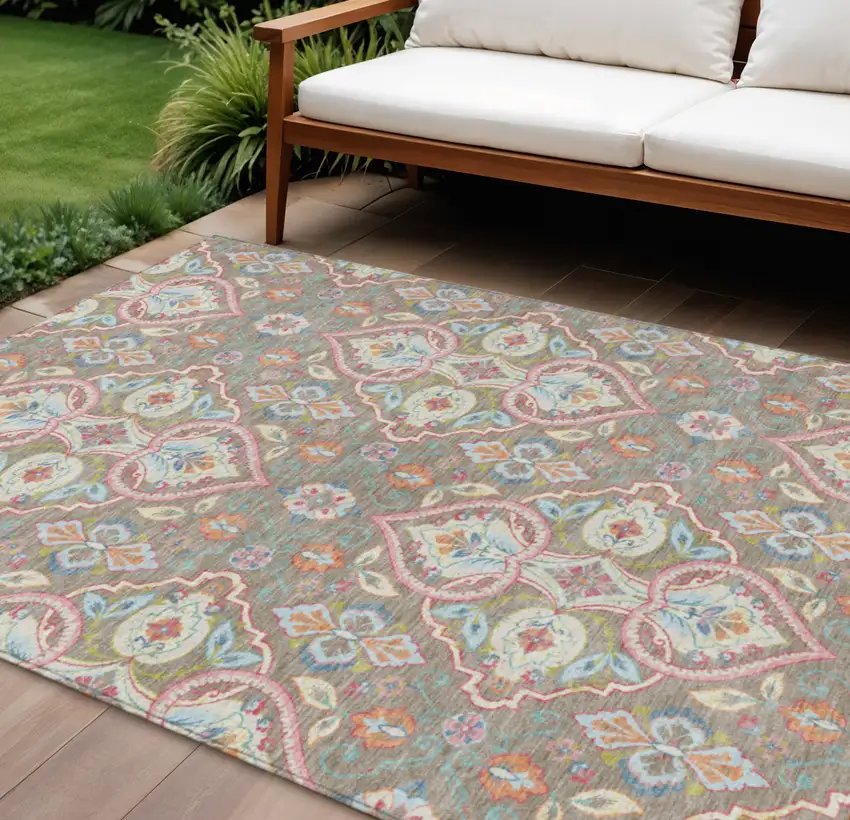 Taupe Pink And Orange Ogee Washable Indoor Outdoor Area Rug Photo 2