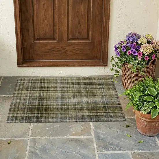 Green Beige and Gray Plaid Washable Non Skid Indoor Outdoor Area Rug Photo 1