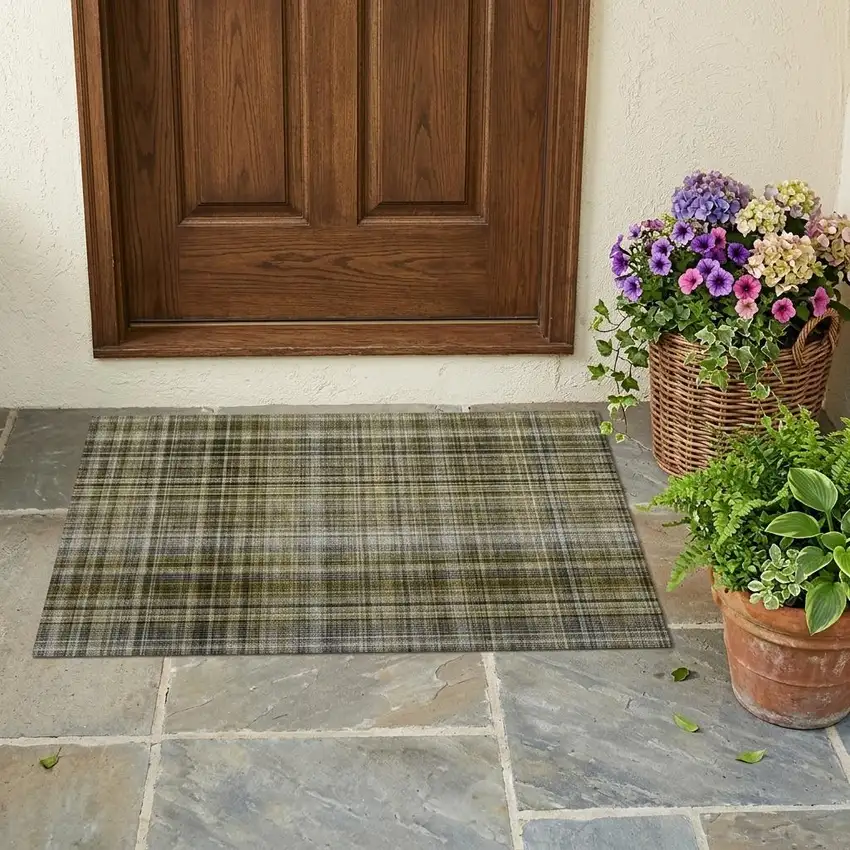Green Beige and Gray Plaid Washable Non Skid Indoor Outdoor Area Rug Photo 1