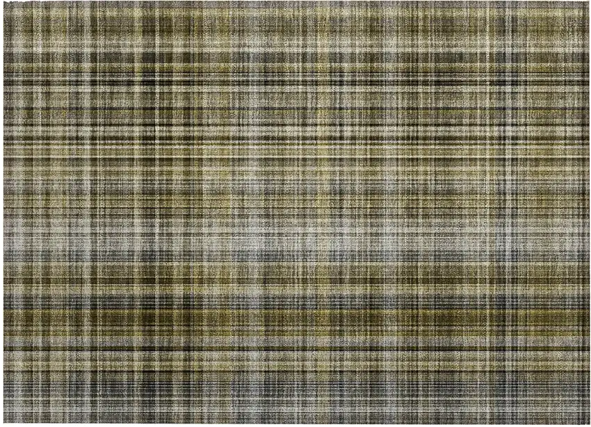 Green Beige and Gray Plaid Washable Non Skid Indoor Outdoor Area Rug Photo 2