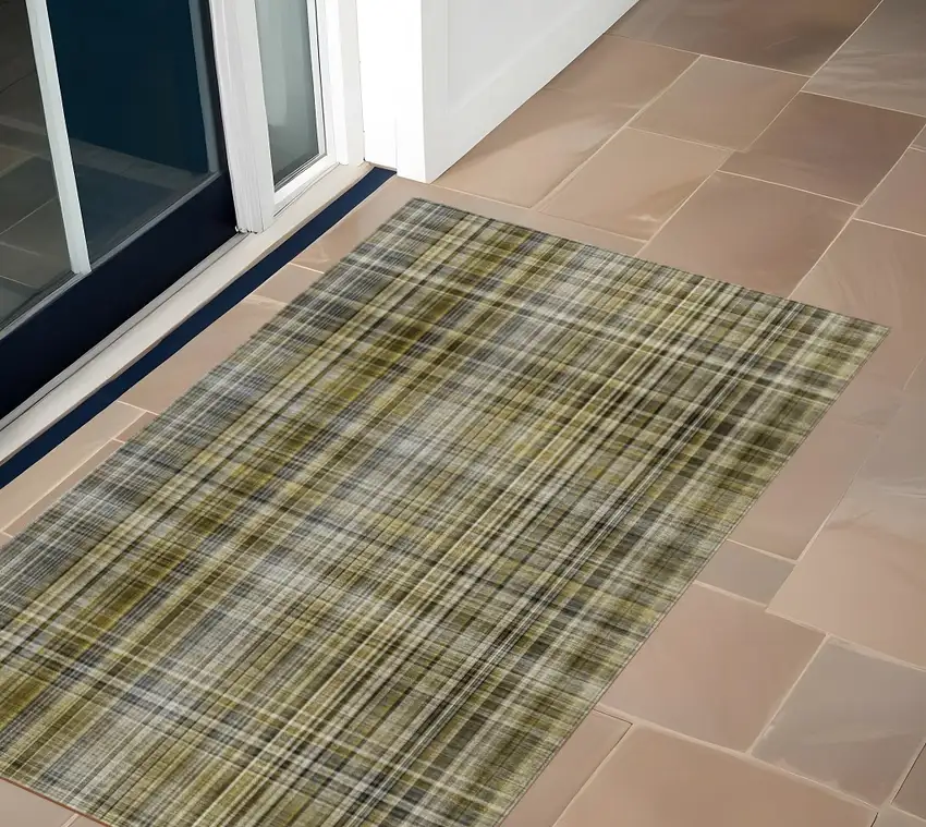 Green Beige and Gray Plaid Washable Non Skid Indoor Outdoor Area Rug Photo 1