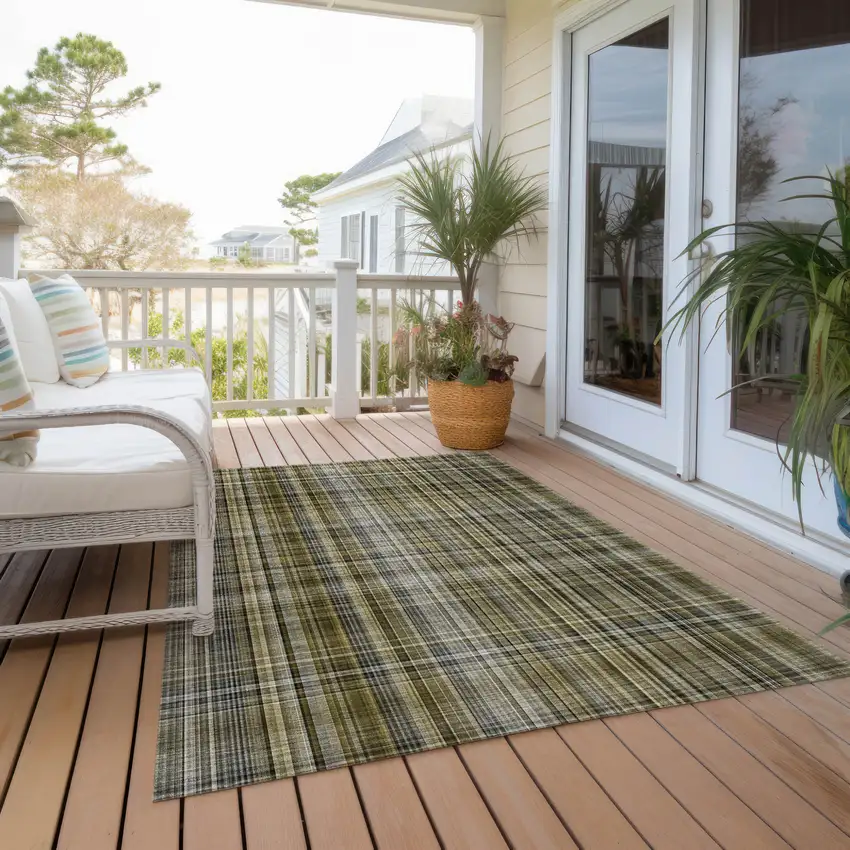 Green Beige and Gray Plaid Washable Non Skid Indoor Outdoor Area Rug Photo 6