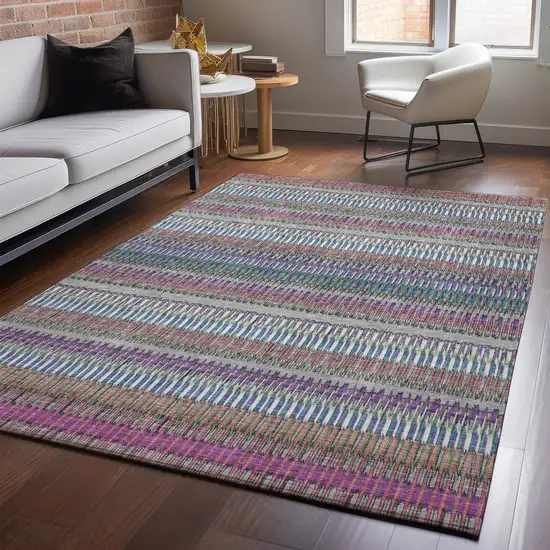 Taupe Purple And Blue Striped Washable Area Rug With UV Protection Photo 4