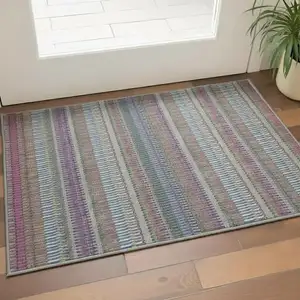 Photo of Taupe Purple And Blue Striped Washable Area Rug With UV Protection