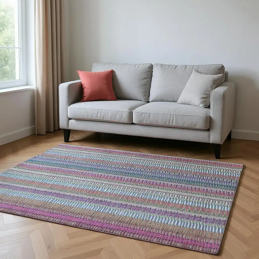 Taupe Purple And Blue Striped Washable Area Rug With UV Protection Photo 2