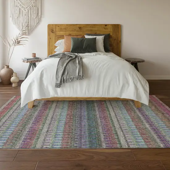 Taupe Purple And Blue Striped Washable Area Rug With UV Protection Photo 5