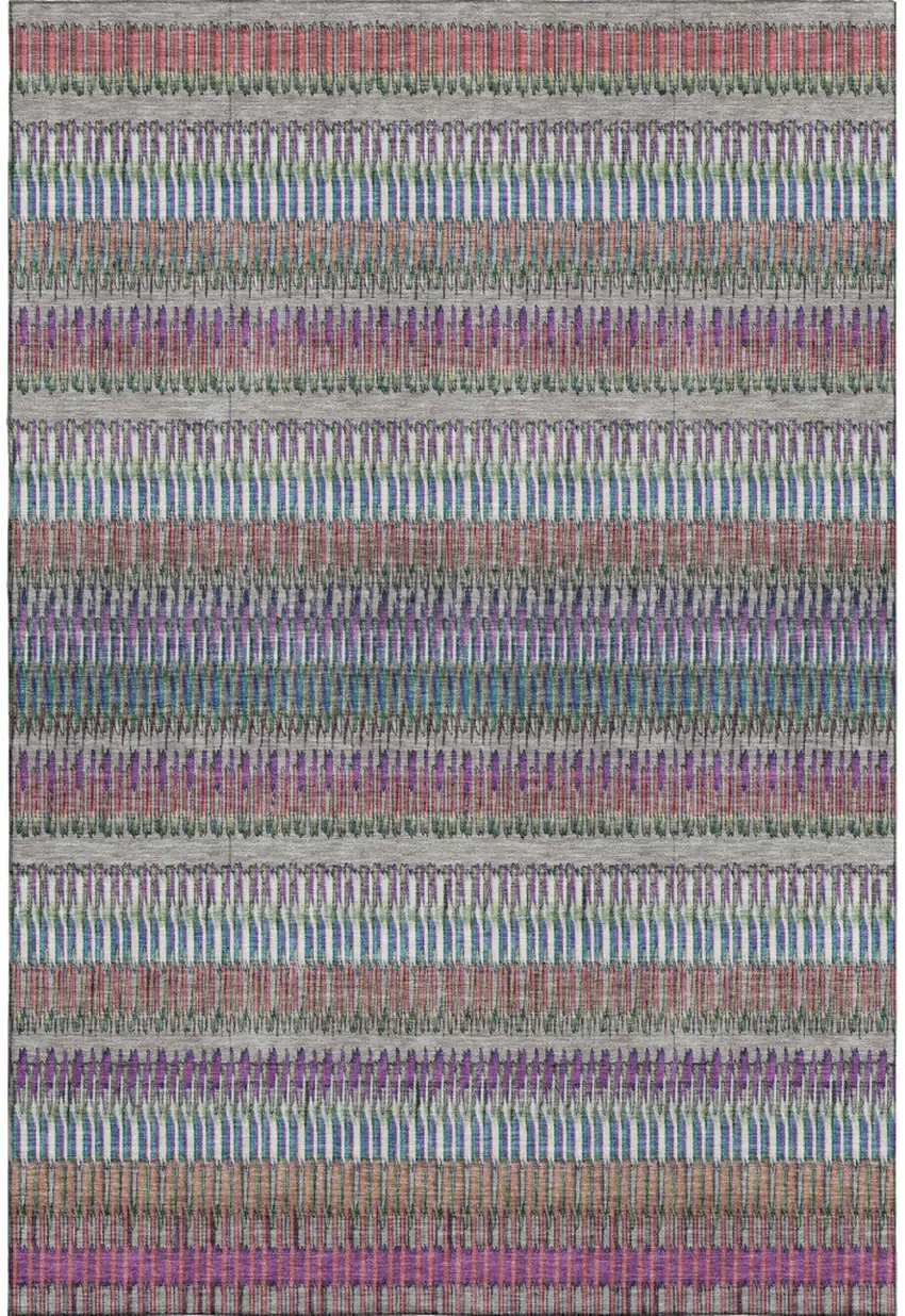 Taupe Purple And Blue Striped Washable Area Rug With UV Protection Photo 1