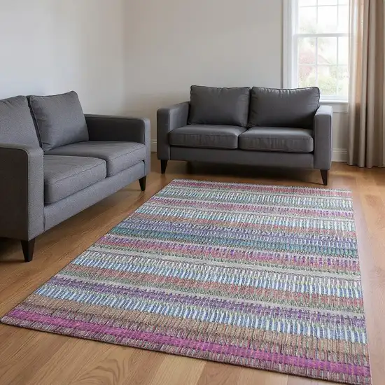 Taupe Purple And Blue Striped Washable Area Rug With UV Protection Photo 2