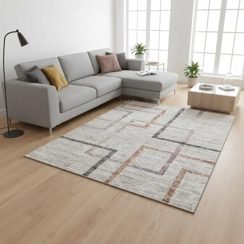 Taupe Purple And Copper Geometric Washable Area Rug With UV Protection Photo 2