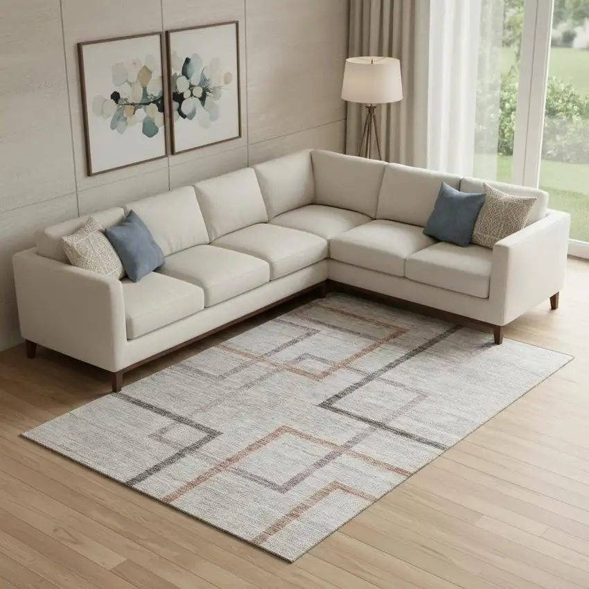 Taupe Purple And Copper Geometric Washable Area Rug With UV Protection Photo 1