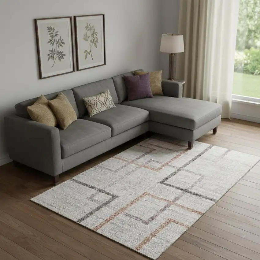 Taupe Purple And Copper Geometric Washable Area Rug With UV Protection Photo 1