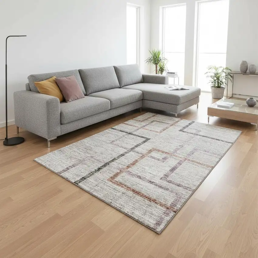 Taupe Purple And Copper Geometric Washable Area Rug With UV Protection Photo 2