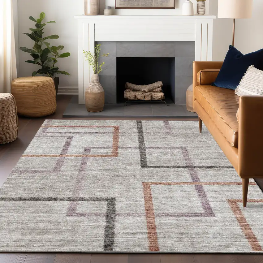 Taupe Purple And Copper Geometric Washable Area Rug With UV Protection Photo 6
