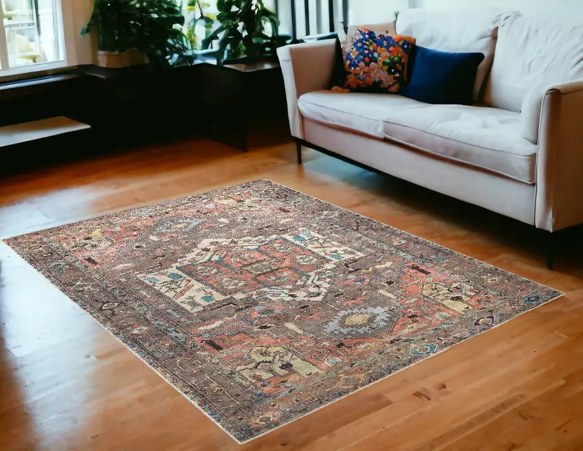 Taupe Red And Brown Floral Area Rug Photo 1