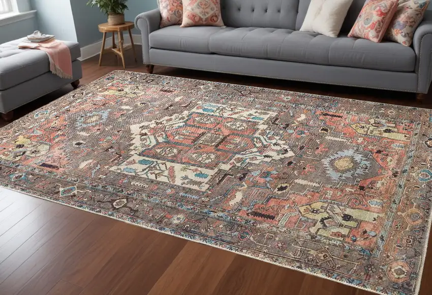 Taupe Red And Brown Floral Area Rug Photo 1
