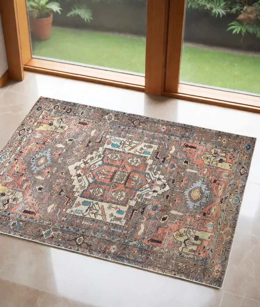 Taupe Red And Brown Floral Area Rug Photo 1