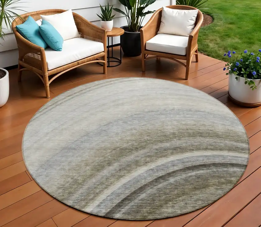 Taupe Round Abstract Washable Non Skid Indoor Outdoor Area Rug Photo 1