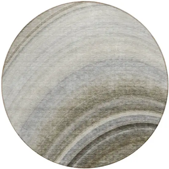 Taupe Round Abstract Washable Non Skid Indoor Outdoor Area Rug Photo 2