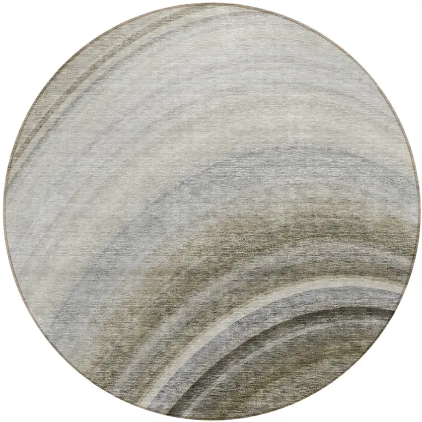 Taupe Round Abstract Washable Non Skid Indoor Outdoor Area Rug Photo 2