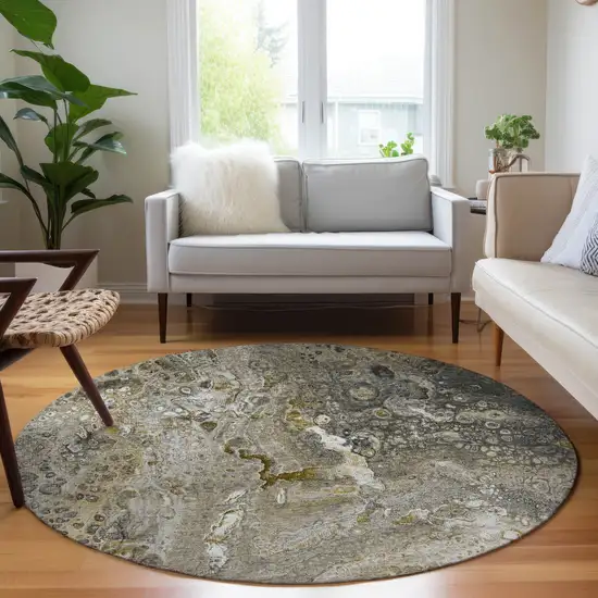 8' Taupe Brown And Beige Round Abstract Washable Indoor Outdoor Area Rug Photo 7