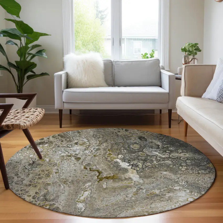8' Taupe Brown And Beige Round Abstract Washable Indoor Outdoor Area Rug Photo 7