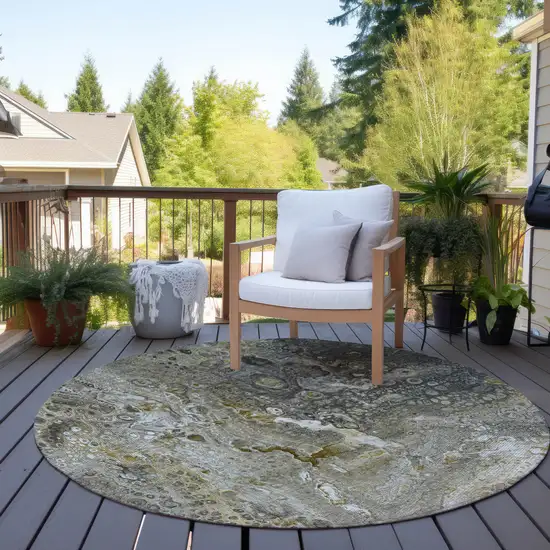 Taupe Round Abstract Washable Non Skid Indoor Outdoor Area Rug Photo 6