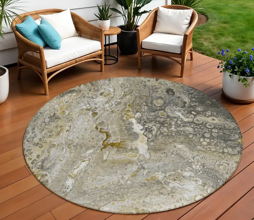 Taupe Round Abstract Washable Non Skid Indoor Outdoor Area Rug Photo 1