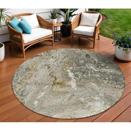 Taupe Round Abstract Washable Non Skid Indoor Outdoor Area Rug Photo 1