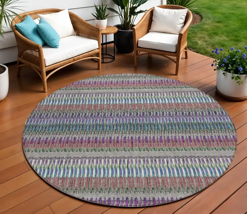 8' Taupe Purple And Blue Round Striped Washable Indoor Outdoor Area Rug Photo 1