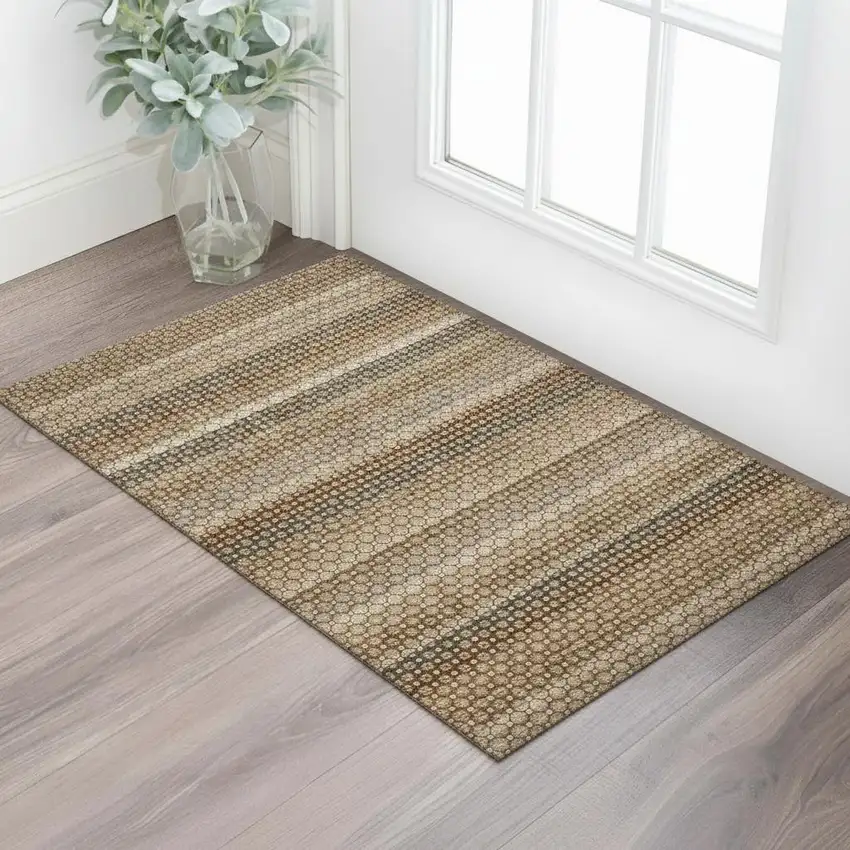 Taupe Rust And Brown Striped Washable Area Rug With UV Protection Photo 2