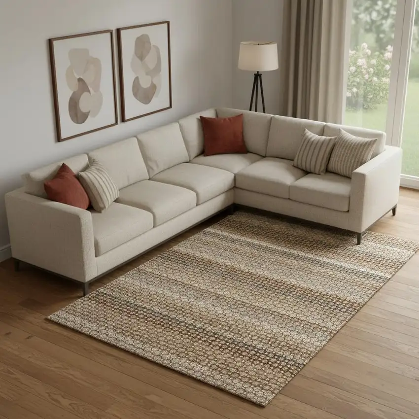 Taupe Rust And Brown Striped Washable Area Rug With UV Protection Photo 2