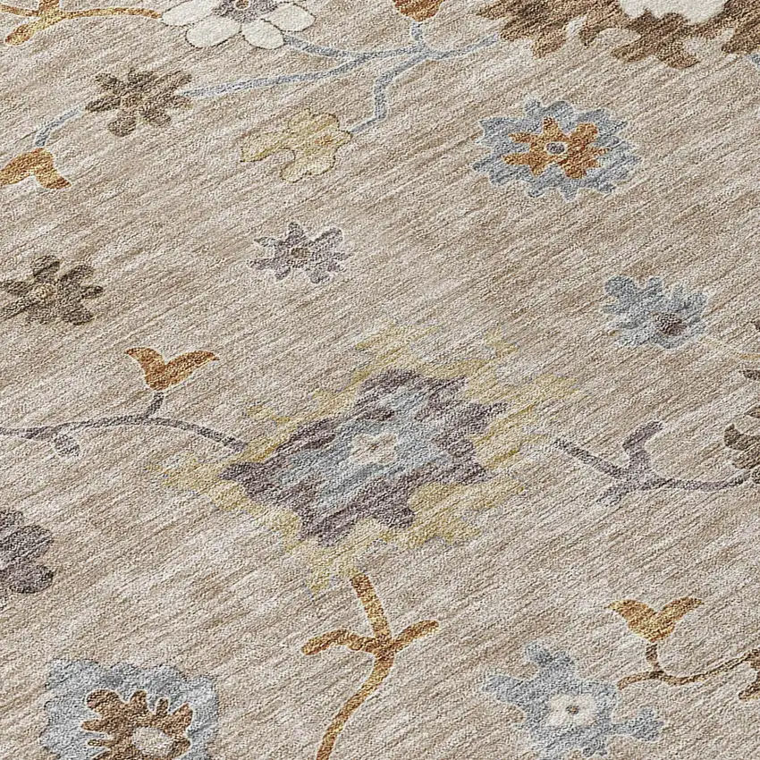 Taupe Silver And Gray Floral Washable Indoor Outdoor Area Rug Photo 4