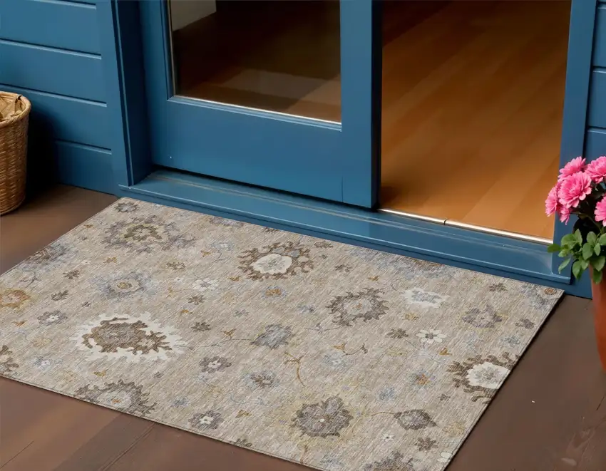 Taupe Silver And Gray Floral Washable Indoor Outdoor Area Rug Photo 1