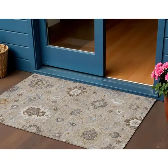 Taupe Silver And Gray Floral Washable Indoor Outdoor Area Rug Photo 1