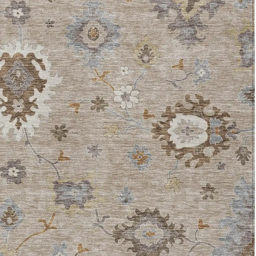 Taupe Silver And Gray Floral Washable Indoor Outdoor Area Rug Photo 5