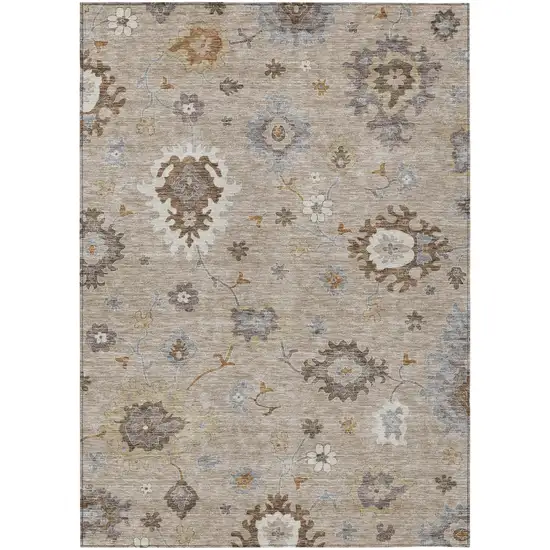 Taupe Silver And Gray Floral Washable Indoor Outdoor Area Rug Photo 1