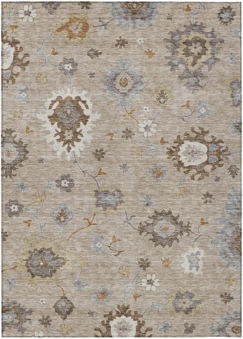 Taupe Silver And Gray Floral Washable Indoor Outdoor Area Rug Photo 1