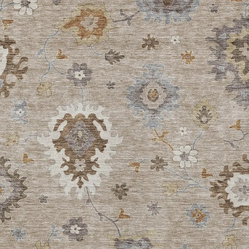 Taupe Silver And Gray Floral Washable Indoor Outdoor Area Rug Photo 5