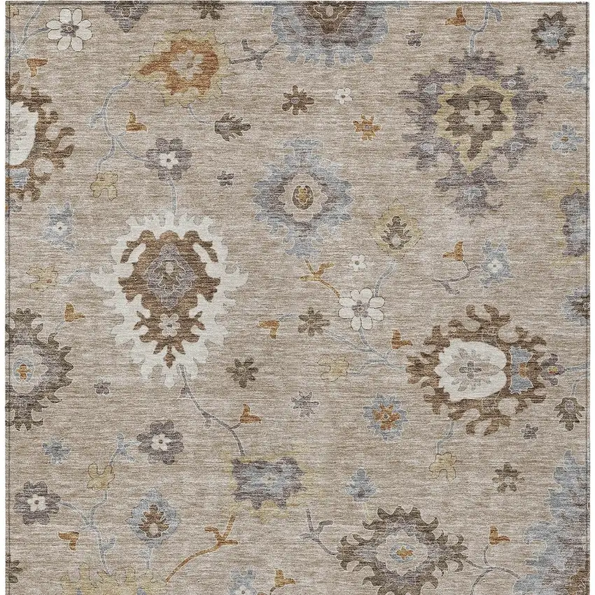 Taupe Silver And Gray Floral Washable Indoor Outdoor Area Rug Photo 6