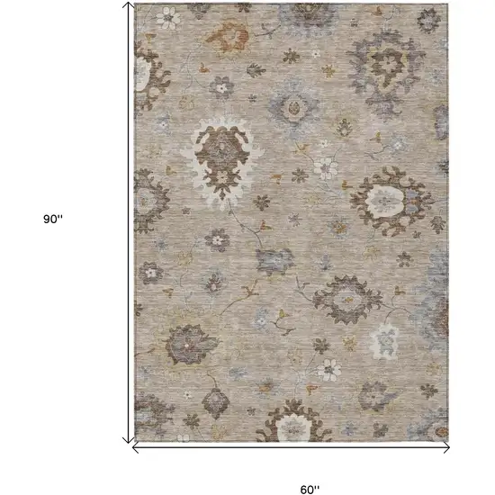Taupe Silver And Gray Floral Washable Indoor Outdoor Area Rug Photo 8