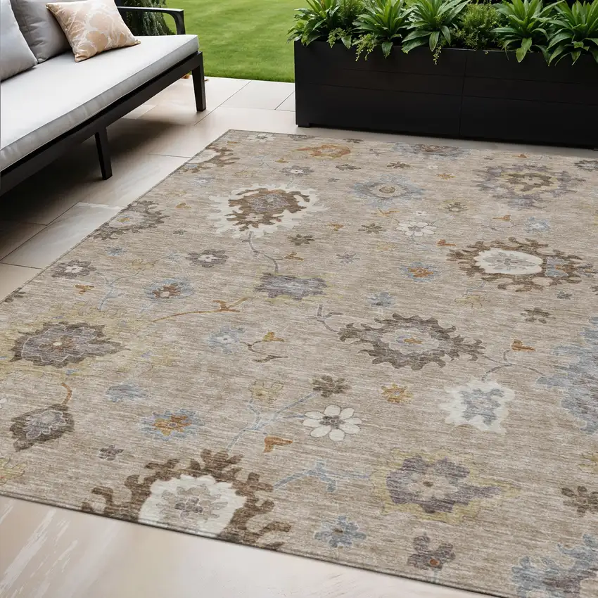 Taupe Silver And Gray Floral Washable Indoor Outdoor Area Rug Photo 1