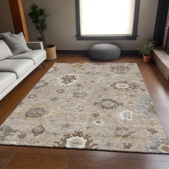 Taupe Silver And Gray Floral Washable Indoor Outdoor Area Rug Photo 8