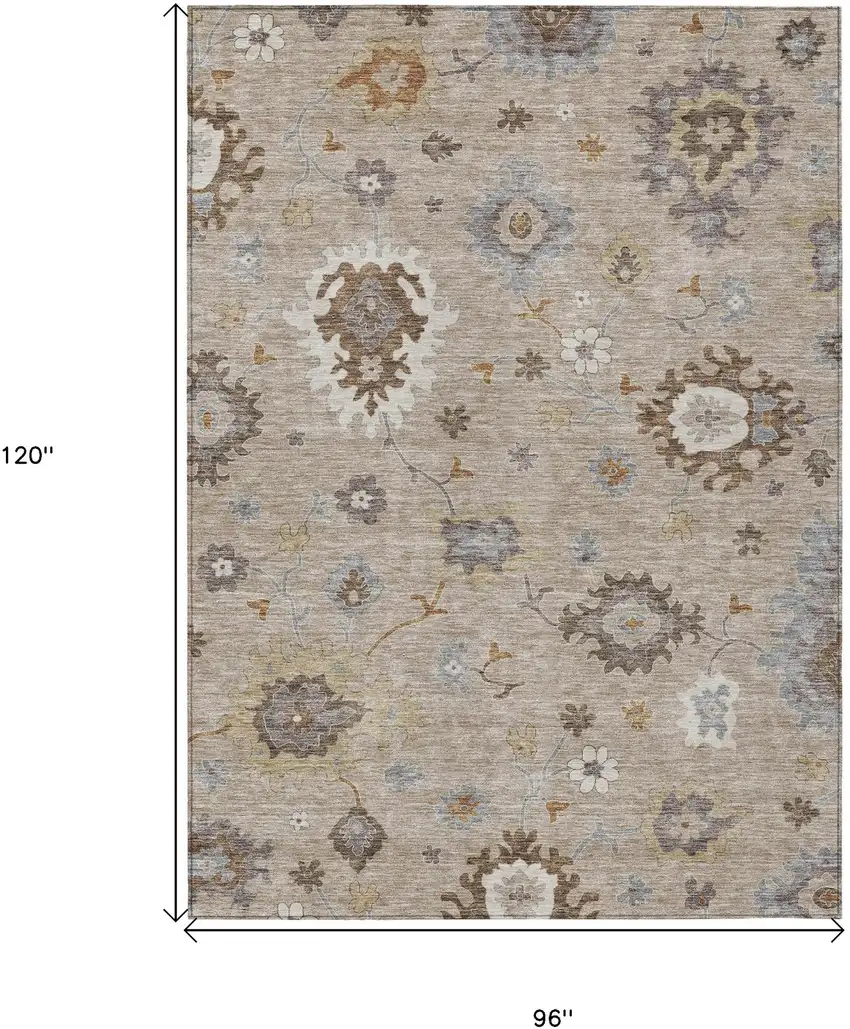 Taupe Silver And Gray Floral Washable Indoor Outdoor Area Rug Photo 8